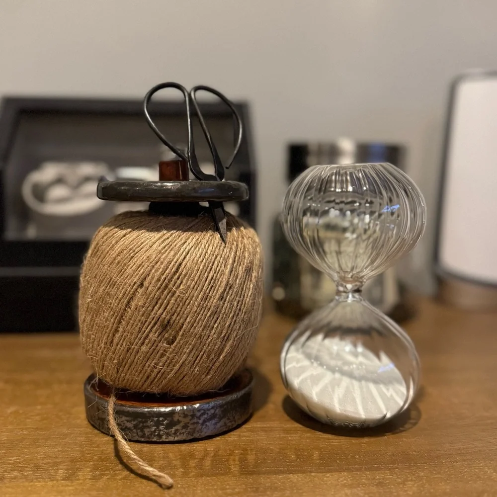 Crate and Barrel Vintage Twine Spool with Scissors and Anthropologie Sand Timer